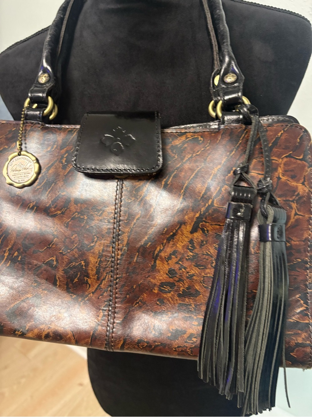 Patricia Nash Brown Leopard-Print Leather Satchel with Tassels - Picture 2 of 15
